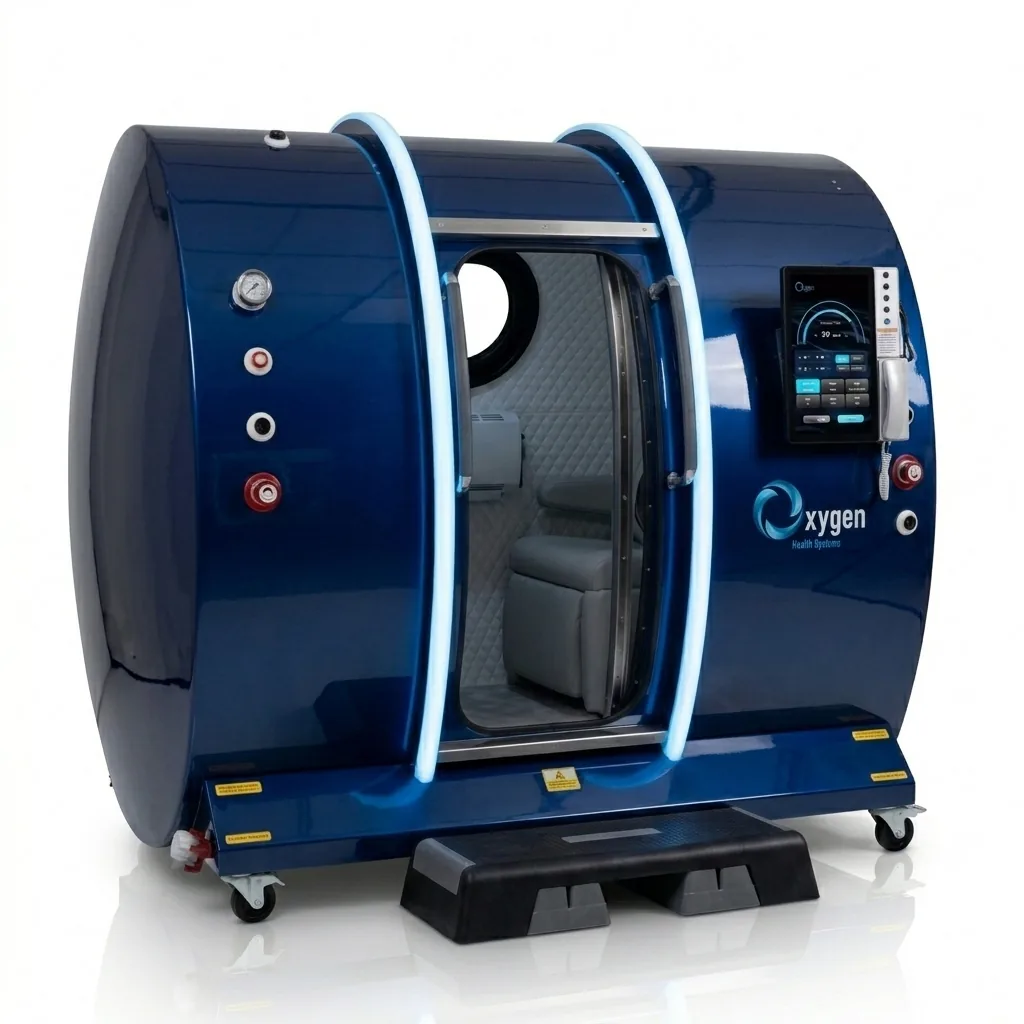 Executive XLS-40-MP hyperbaric chamber in deep ocean blue with illuminated blue LED entry arches