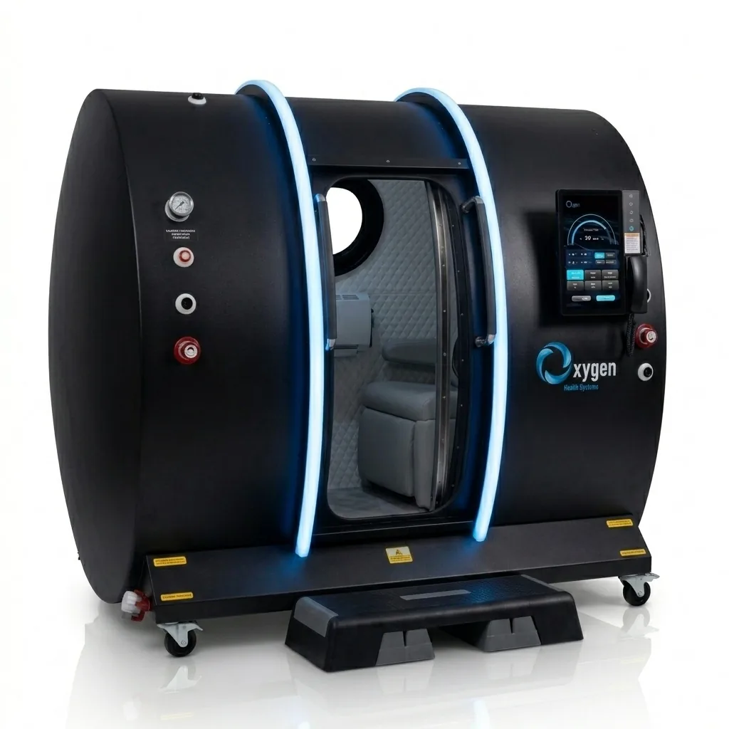 Executive XLS-40-MP hyperbaric chamber in matte black with blue LED arches and grey interior seat