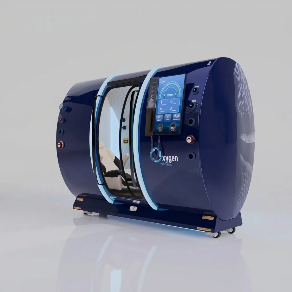 Executive XLS-40-MP hyperbaric chamber in glossy ocean blue, side view with Timer touchscreen and cream reclining seat
