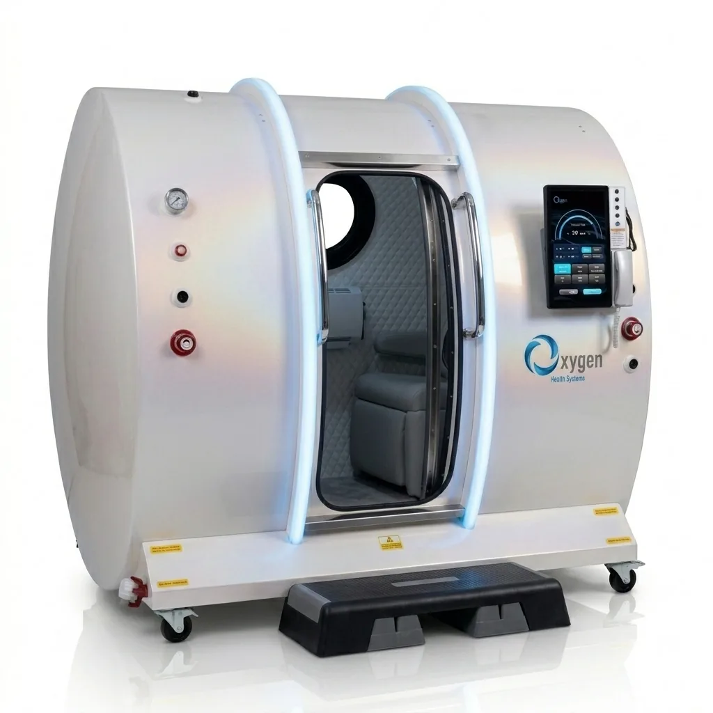 Executive XLS-40-MP hyperbaric chamber in glossy pearl white with blue LED arches and grey interior