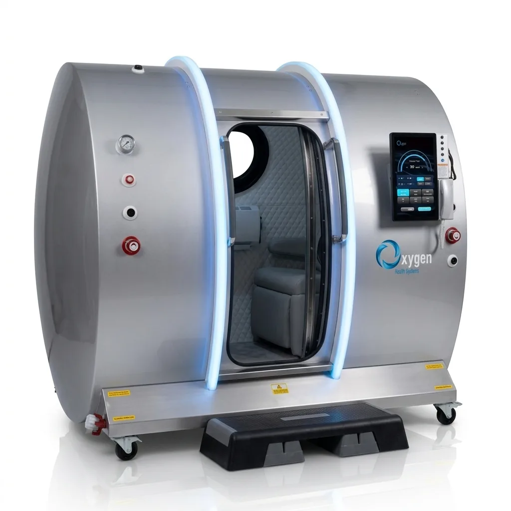 Executive XLS-40-MP hyperbaric chamber in brushed silver with blue LED arches and quilted grey interior