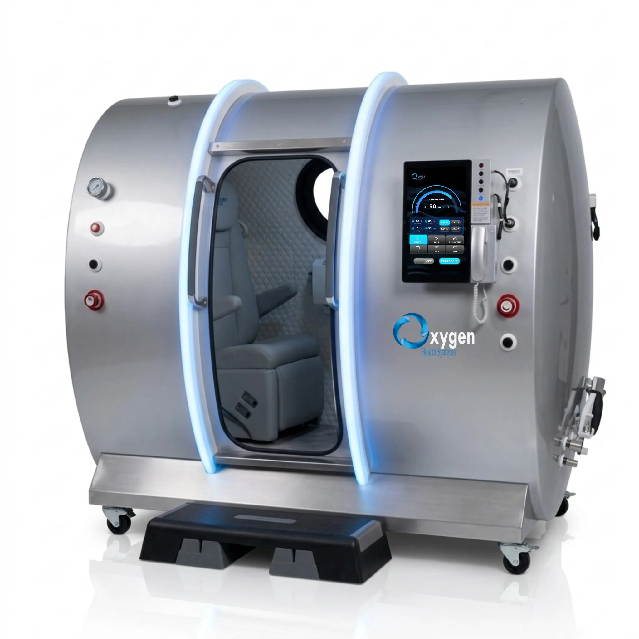 Executive XLS-40-MP hyperbaric chamber in titanium silver, front angle with session-time touchscreen