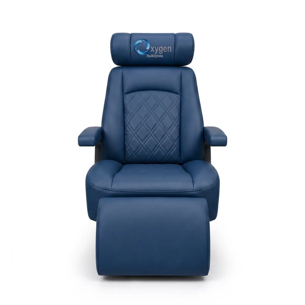 Navy Blue extended-footrest recliner for the Executive XLS-40-MP hyperbaric chamber