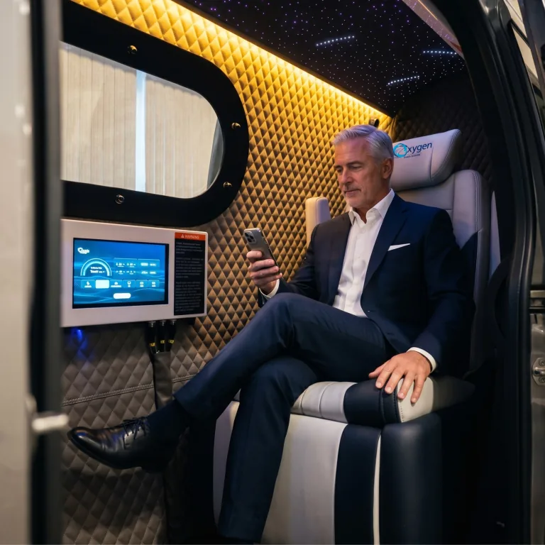 A man relaxing on his phone inside the spacious XLS-40-MP cabin with a reclining seat, touchscreen control panel, oval window, and ambient starlight ceiling